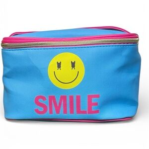 French Bull Blue and Pink Cosmetic Bag with Smiley Face